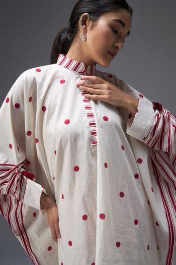 Shop_Aaroh By Dolly_White Pure Cotton Mandarin Collar Hand Block Print Kaftan And Palazzo Set 