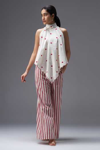 Buy_Aaroh By Dolly_White Pure Cotton High Neck Hand Block Print Top And Pant Set _at_Aza_Fashions