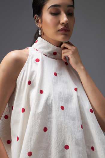 Aaroh By Dolly_White Pure Cotton High Neck Hand Block Print Top And Pant Set _at_Aza_Fashions