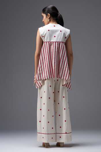Shop_Aaroh By Dolly_White Pure Cotton V-neck Hand Block Print Top And Pant Set _at_Aza_Fashions