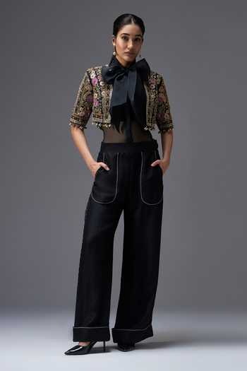 Buy_Aaroh By Dolly_Black , Organza, Muslin, Dupion Open Regal Reverie Jacket Pant Set _at_Aza_Fashions