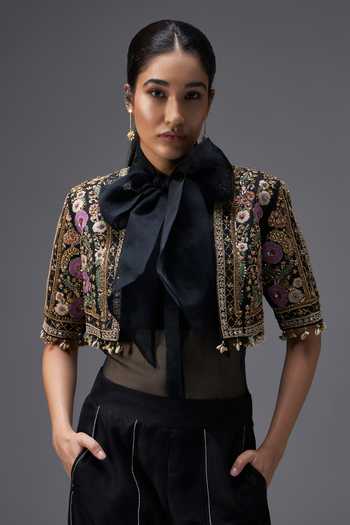 Aaroh By Dolly_Black , Organza, Muslin, Dupion Open Regal Reverie Jacket Pant Set _at_Aza_Fashions