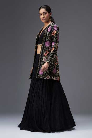 Aaroh By Dolly_Black Silk, Muslin V-, Collared Regal Reverie Blazer Lehenga Set _Online_at_Aza_Fashions