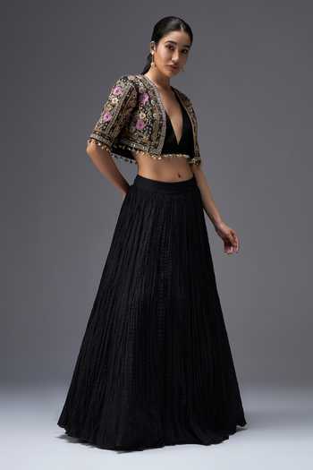 Buy_Aaroh By Dolly_Black Silk, Muslin Open , Plunge Regal Reverie Jacket Lehenga Set _Online_at_Aza_Fashions