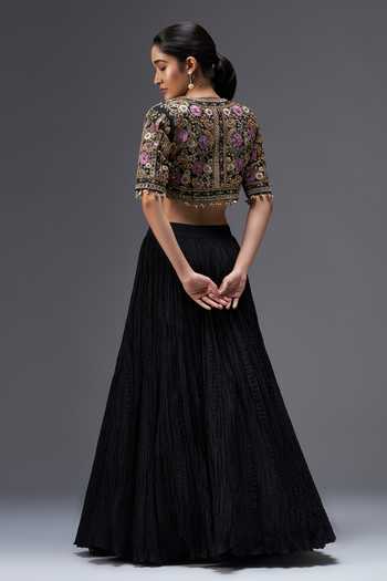Shop_Aaroh By Dolly_Black Silk, Muslin Open , Plunge Regal Reverie Jacket Lehenga Set _at_Aza_Fashions