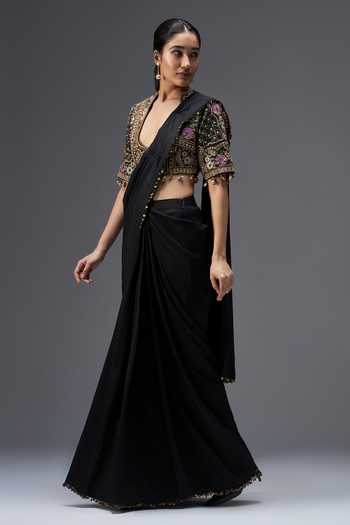 Aaroh By Dolly_Black Silk, Dupion V-neck Regal Reverie Draped Saree Set _Online_at_Aza_Fashions