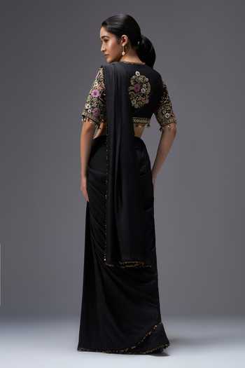 Shop_Aaroh By Dolly_Black Silk, Dupion V-neck Regal Reverie Draped Saree Set _at_Aza_Fashions