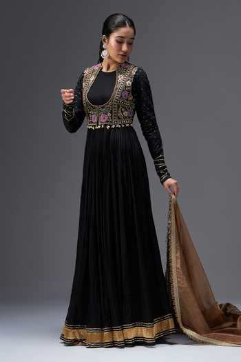 Aaroh By Dolly_Black Silk, Muslin, Tissue Round Neck, Scoop Regal Reverie Anarkali Jacket Set _Online_at_Aza_Fashions