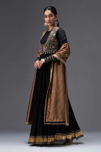 Buy_Aaroh By Dolly_Black Silk, Muslin, Tissue Round Neck, Scoop Regal Reverie Anarkali Jacket Set _Online_at_Aza_Fashions