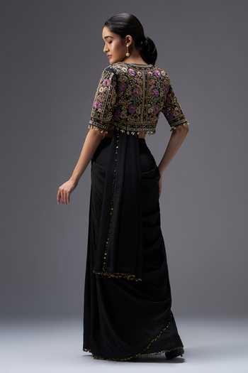 Shop_Aaroh By Dolly_Black Silk, Muslin, Regal Reverie Draped Saree Set With Embroidered Jacket _at_Aza_Fashions