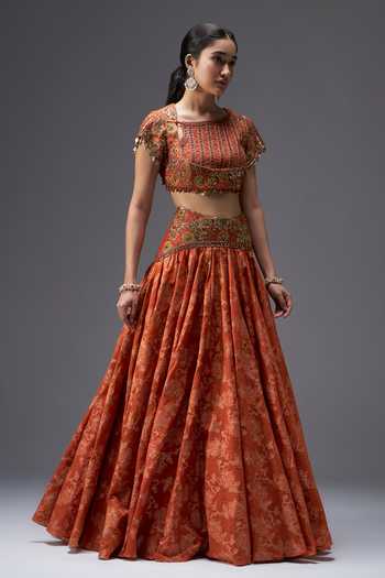 Aaroh By Dolly_Orange Silk, Chanderi, Tissue Round Neck Riwaayat Embroidered Lehenga Set _Online_at_Aza_Fashions