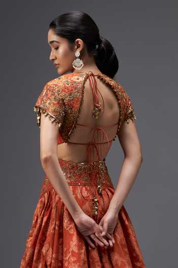 Buy_Aaroh By Dolly_Orange Silk, Chanderi, Tissue Round Neck Riwaayat Embroidered Lehenga Set _Online_at_Aza_Fashions