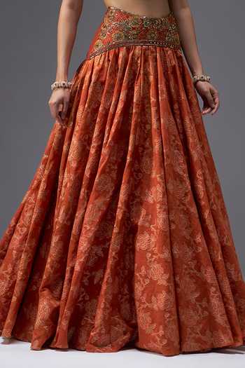 Shop_Aaroh By Dolly_Orange Silk, Chanderi, Tissue Round Neck Riwaayat Embroidered Lehenga Set _Online_at_Aza_Fashions