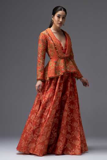 Aaroh By Dolly_Orange Silk, Muslin, Chanderi Riwaayat Embroidered Peplum Jacket Sharara Set _Online_at_Aza_Fashions