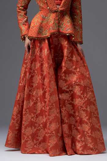 Buy_Aaroh By Dolly_Orange Silk, Muslin, Chanderi Riwaayat Embroidered Peplum Jacket Sharara Set _Online_at_Aza_Fashions