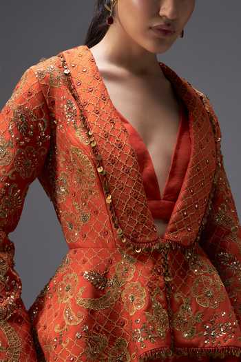 Aaroh By Dolly_Orange Silk, Muslin, Chanderi Riwaayat Embroidered Peplum Jacket Sharara Set _at_Aza_Fashions