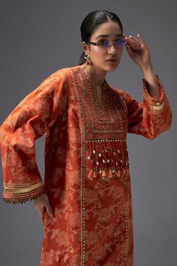 Aaroh By Dolly_Orange Silk, Chanderi Split V-neck Riwaayat Yoke Embroidered Kaftan _Online_at_Aza_Fashions