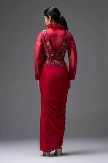 Shop_Aaroh By Dolly_Red , Dupion, Organza Ratan Mahal Embroidered Shirt Draped Skirt Set _at_Aza_Fashions