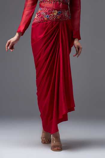 Shop_Aaroh By Dolly_Red , Dupion, Organza Ratan Mahal Embroidered Shirt Draped Skirt Set _Online_at_Aza_Fashions