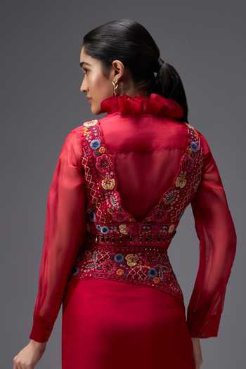 Aaroh By Dolly_Red , Dupion, Organza Ratan Mahal Embroidered Shirt Draped Skirt Set _at_Aza_Fashions