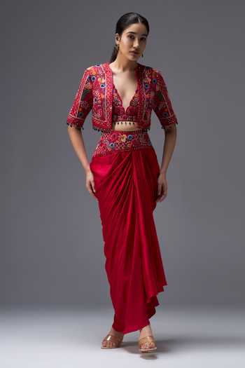 Buy_Aaroh By Dolly_Red , Dupion, Organza Ratan Mahal Embroidered Cropped Jacket Set _at_Aza_Fashions