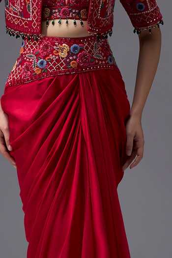 Aaroh By Dolly_Red , Dupion, Organza Ratan Mahal Embroidered Cropped Jacket Set _Online_at_Aza_Fashions