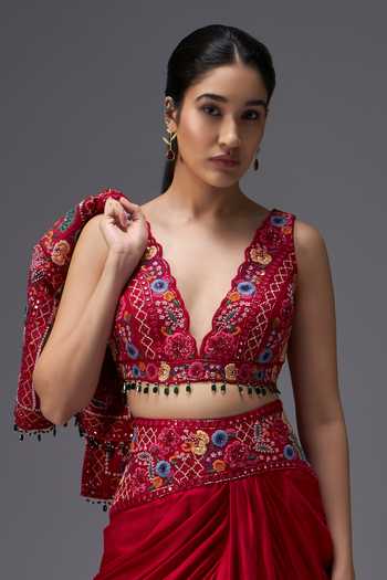 Shop_Aaroh By Dolly_Red , Dupion, Organza Ratan Mahal Embroidered Cropped Jacket Set _Online_at_Aza_Fashions