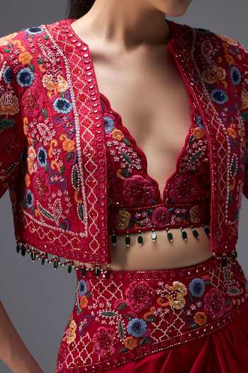 Aaroh By Dolly_Red , Dupion, Organza Ratan Mahal Embroidered Cropped Jacket Set _at_Aza_Fashions