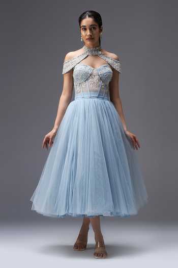 Buy_Aaroh By Dolly_Blue Tulle Sweetheart Neck Frosted Whispers Embroidered Cape Skirt Set _at_Aza_Fashions