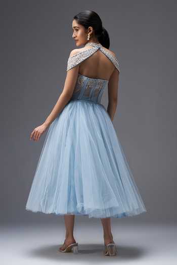 Shop_Aaroh By Dolly_Blue Tulle Sweetheart Neck Frosted Whispers Embroidered Cape Skirt Set _at_Aza_Fashions