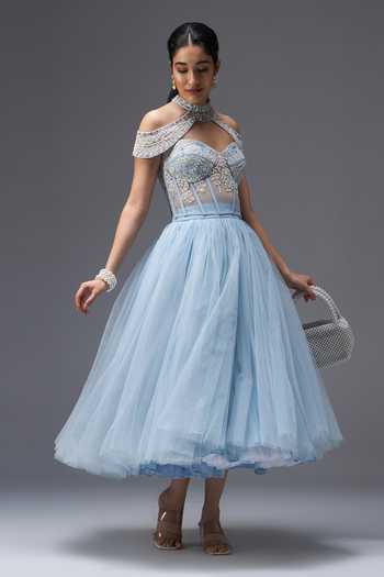 Shop_Aaroh By Dolly_Blue Tulle Sweetheart Neck Frosted Whispers Embroidered Cape Skirt Set _Online_at_Aza_Fashions