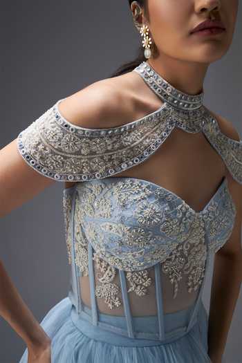 Aaroh By Dolly_Blue Tulle Sweetheart Neck Frosted Whispers Embroidered Cape Skirt Set _at_Aza_Fashions