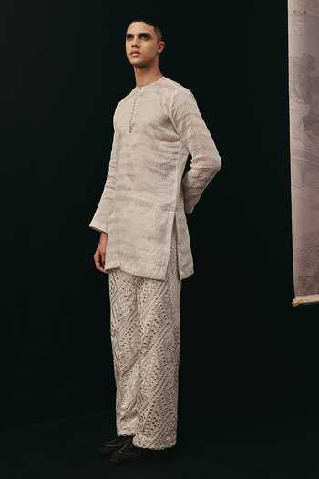 Twenty Nine_Ivory Net Mirrorwork Flared Pant _Online_at_Aza_Fashions