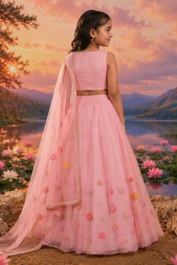 Shop_Charu Makkar_Pink Organza, Silk Embroidered Lehenga Set _at_Aza_Fashions