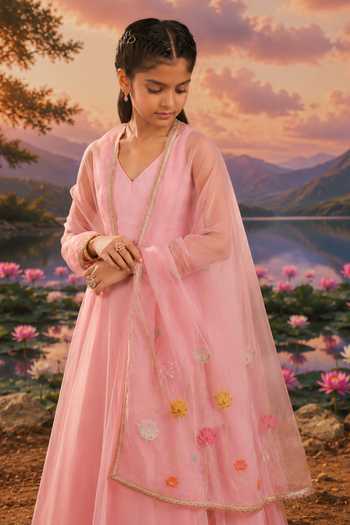 Shop_Charu Makkar_Pink Organza, Silk Embroidered Lehenga Set _Online_at_Aza_Fashions