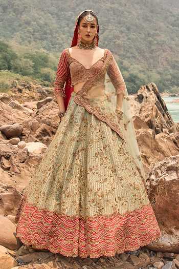 Buy_Nitika Gujral_Green Silk, Net Sweetheart Neck Misty Sage Lehenga Set _at_Aza_Fashions