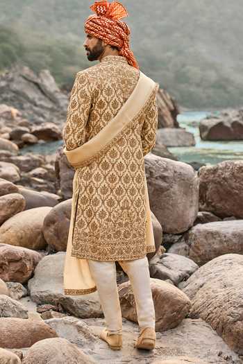 Shop_Nitika Gujral_Beige Silk, Cotton Zardozi Work Sherwani Set _at_Aza_Fashions