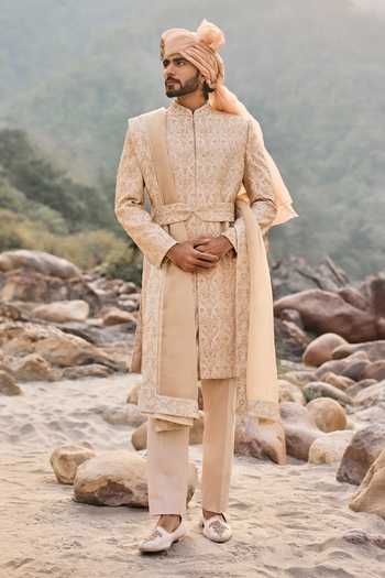 Buy_Nitika Gujral_Beige Silk, Cotton Zardozi Work Sherwani Set _at_Aza_Fashions