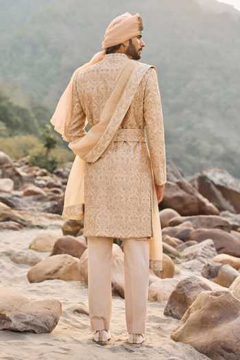 Shop_Nitika Gujral_Beige Silk, Cotton Zardozi Work Sherwani Set _at_Aza_Fashions