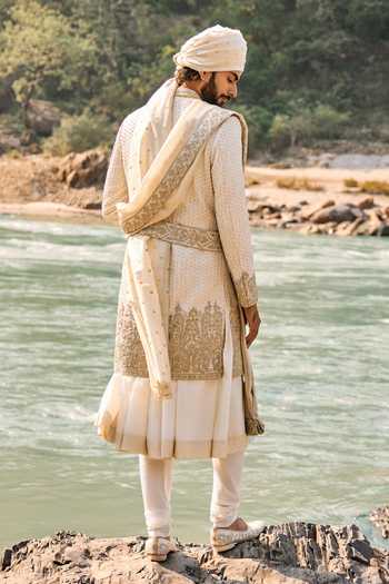 Shop_Nitika Gujral_Ivory Silk, Cotton Raw Sherwani Set _at_Aza_Fashions