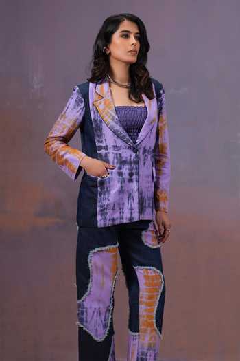 Shop_Ananya Agrawal Label_Purple Silk, Linen, Denim Shibori Dyed Blazer _Online_at_Aza_Fashions
