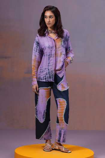 Buy_Ananya Agrawal Label_Purple Silk, Linen Collared Neck Shibori Dyed Shirt And Patch Pant Set _at_Aza_Fashions