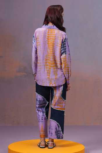 Ananya Agrawal Label_Purple Silk, Linen Collared Neck Shibori Dyed Shirt And Patch Pant Set _Online_at_Aza_Fashions