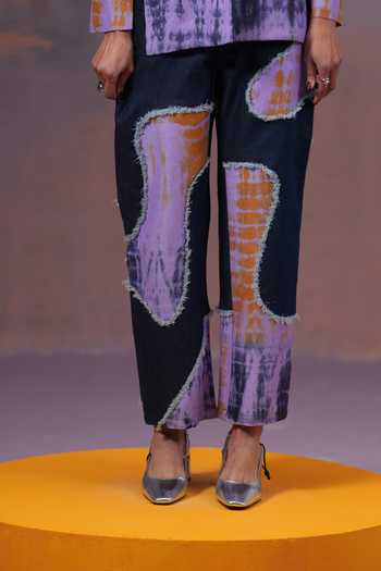 Shop_Ananya Agrawal Label_Purple Silk, Linen Shibori Patched Pant _at_Aza_Fashions