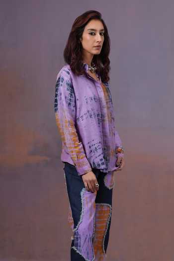 Buy_Ananya Agrawal Label_Purple Silk, Linen Collared Neck Hand Dyed Shibori Shirt _Online_at_Aza_Fashions