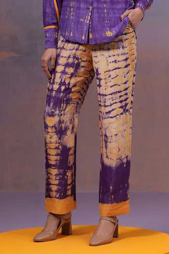 Shop_Ananya Agrawal Label_Yellow Silk, Linen V-neck Jamun Shirt And Shibori Trouser Co-ord Set _Online_at_Aza_Fashions