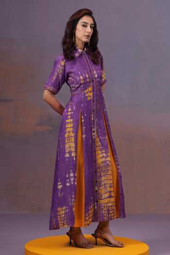 Buy_Ananya Agrawal Label_Purple Silk, Linen Collared Neck Jamun Shibori Dyed Dress _Online_at_Aza_Fashions