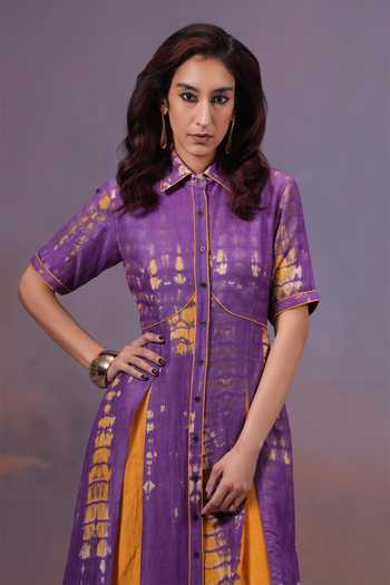 Shop_Ananya Agrawal Label_Purple Silk, Linen Collared Neck Jamun Shibori Dyed Dress _Online_at_Aza_Fashions