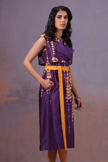 Ananya Agrawal Label_Yellow Chanderi Silk Collared Neck Jamun Shibori Long Trench Dress With Belt _Online_at_Aza_Fashions