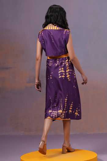 Shop_Ananya Agrawal Label_Yellow Chanderi Silk Collared Neck Jamun Shibori Long Trench Dress With Belt _at_Aza_Fashions